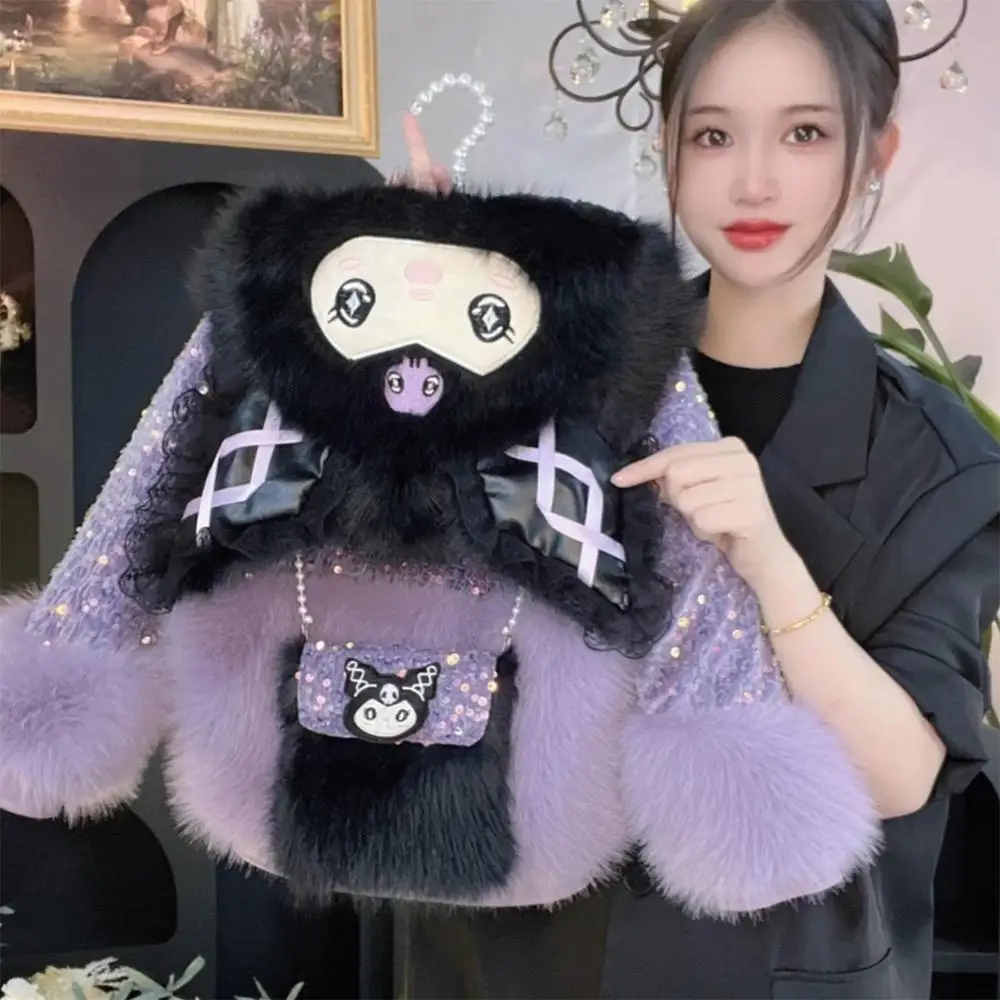 Kawaii Inverno Kuromi Ragazza Peluche Paillettes Giacca con cappuccio Anime Sanrio Cartoon Bambini All\'aperto Orecchie di coniglio Pelliccia