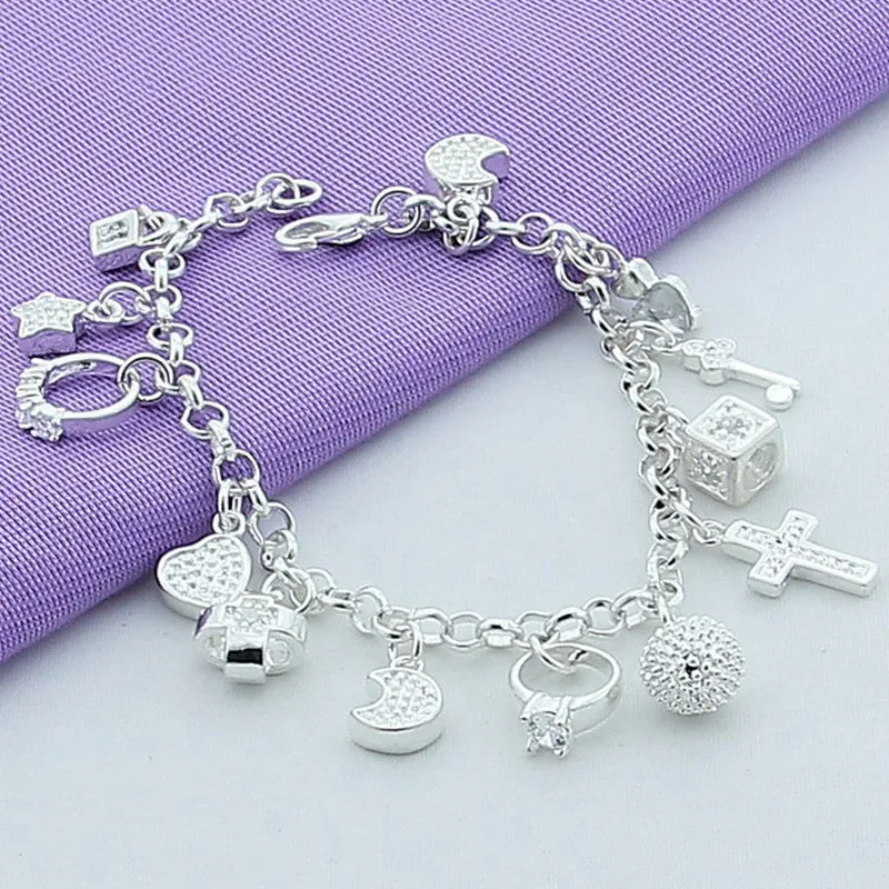 925 Sterling Silver Moon Heart Lock Cross Bracelet For Men Woman Charm Wedding Engagement Party Fashion Jewelry