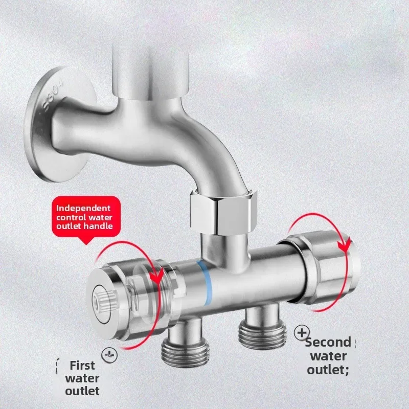 A Three-in-one Dual-control Multi-functional 304 Stainless Steel One-inlet Two-outlet Diverter Faucet for Washing Machine