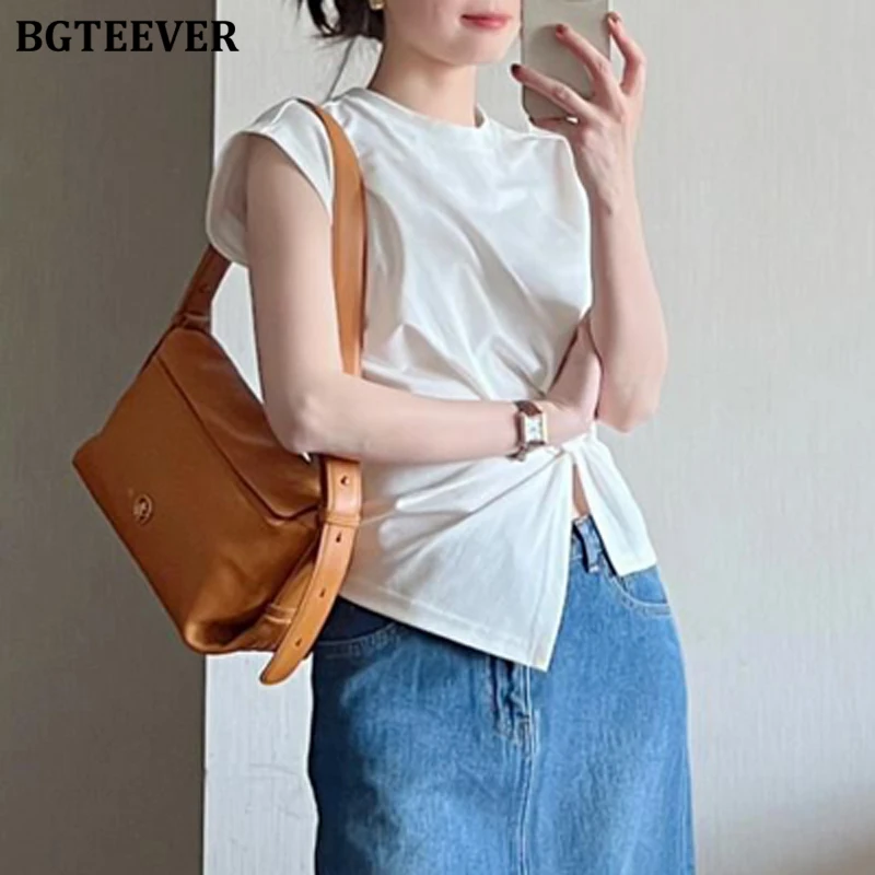 BGTEEVER Summer Slim Irregular Female Tees Casual O-neck Short Sleeve Split T-shirts for Women