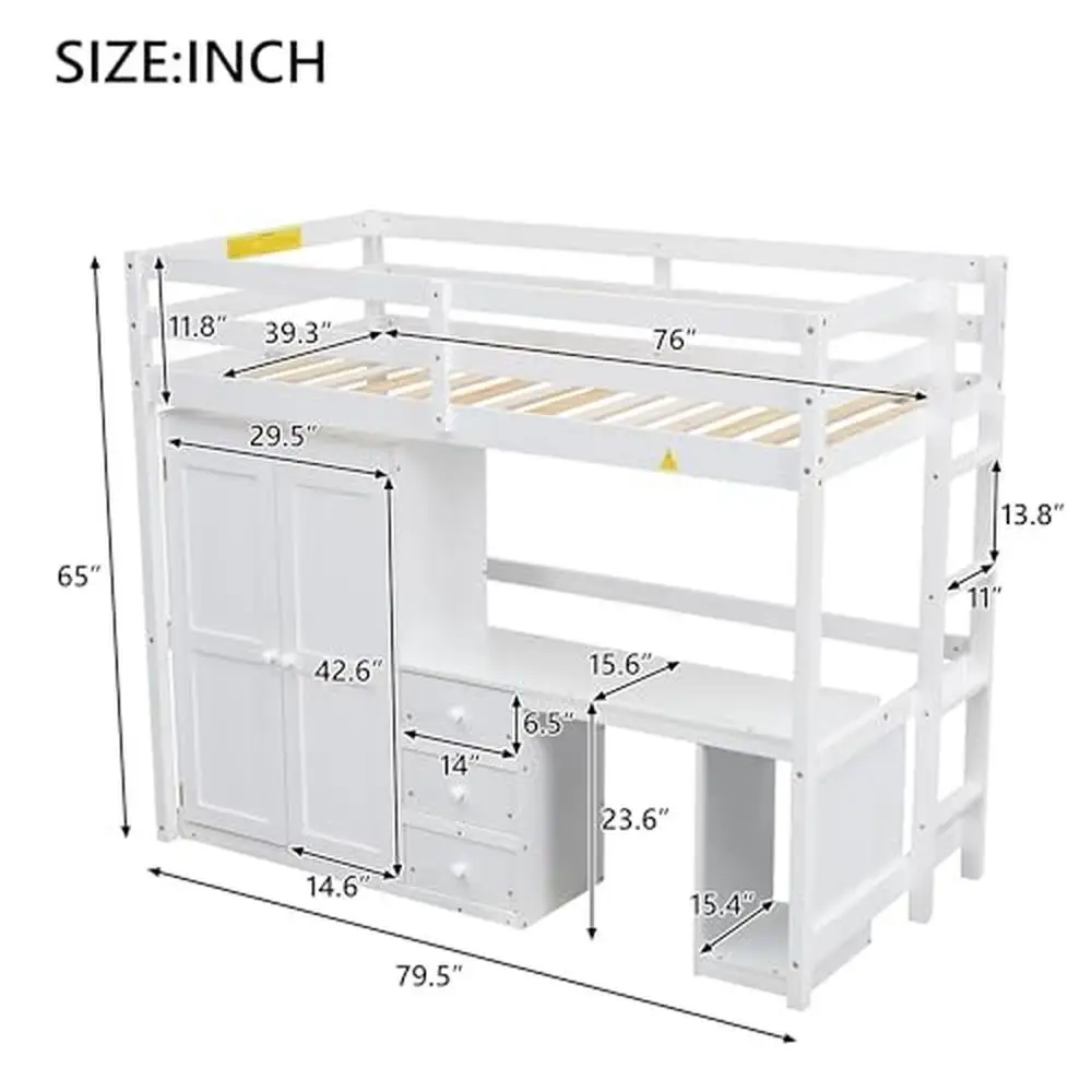 Twin Loft Bed with Desk Wardrobe Storage Drawers High Quality Wooden Frame Kids Teens Adults White Country Rustic Style 79.5