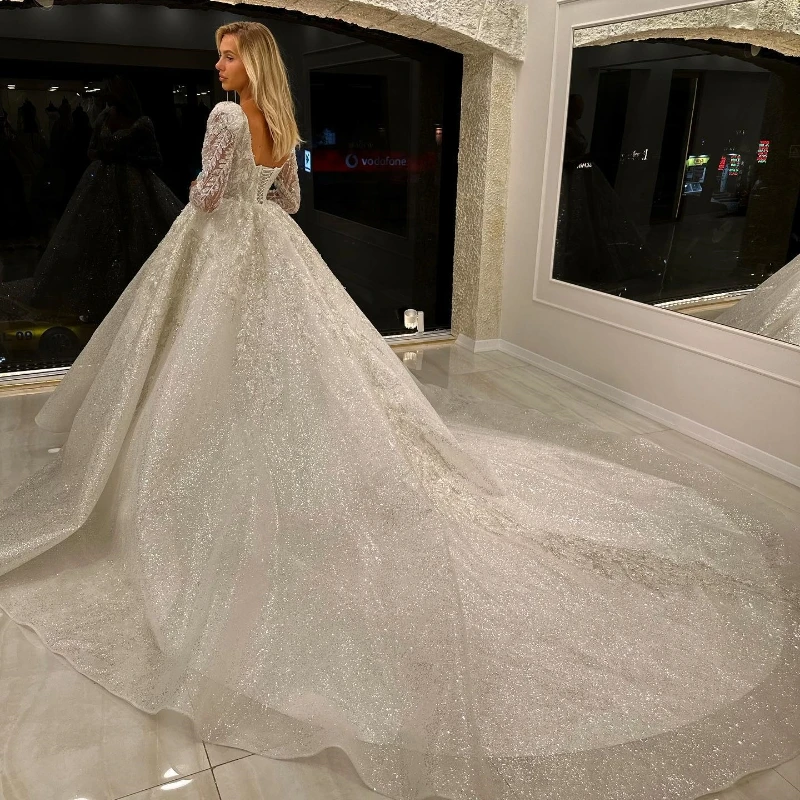 Vestido de novia de lujo con cuentas brillantes, vestido de baile de manga larga, apliques preciosos, vestido de novia de princesa con cordones, 2024