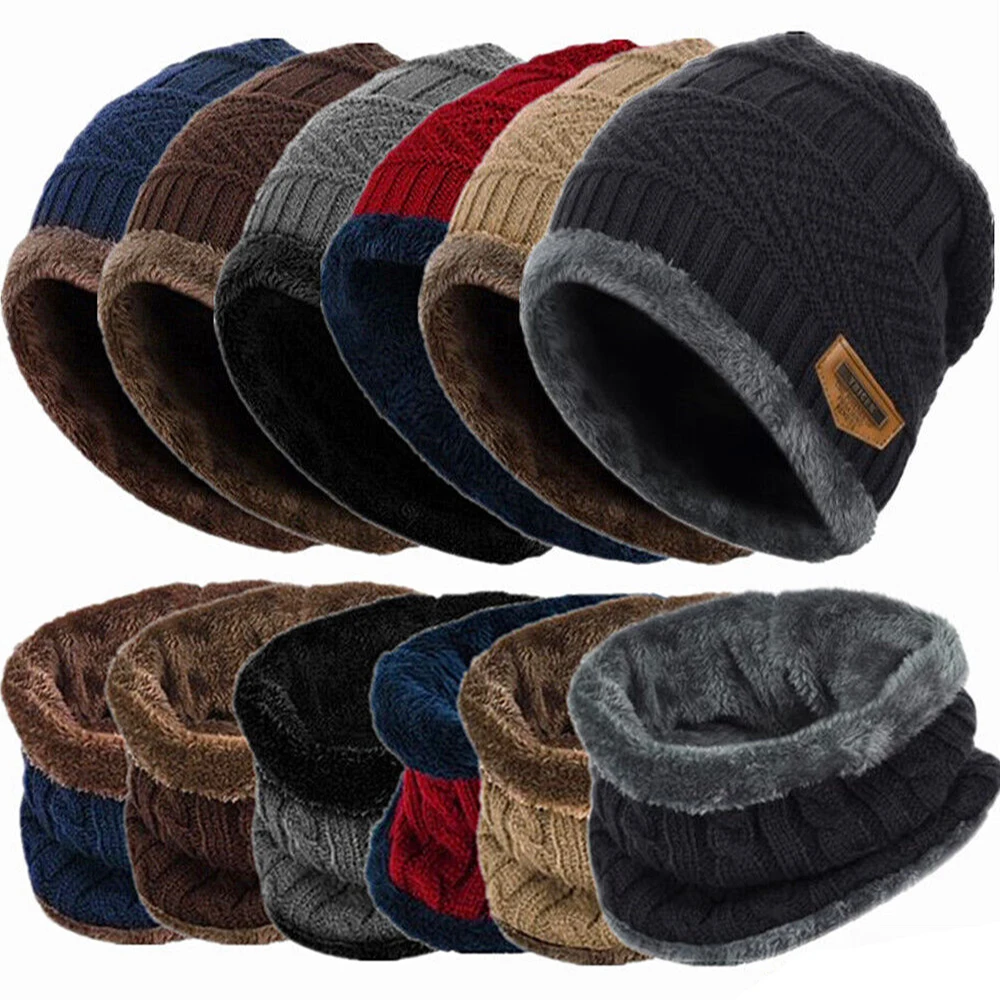 2023 Winter Men Women Thick Beanie Hat Set Knitted Hat Winter Cap Beanie Female Wool Neck Scarf Cap Balaclava Mask Bonnet Hats