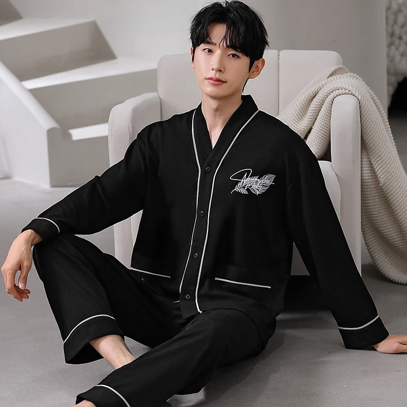 

2026 New Cotton Kimono Loungewear for Men Long Sleeves Trouser 2Pcs/set Sleepwear Male Pajamas Big Size L-5XL Pjs Pyjamas