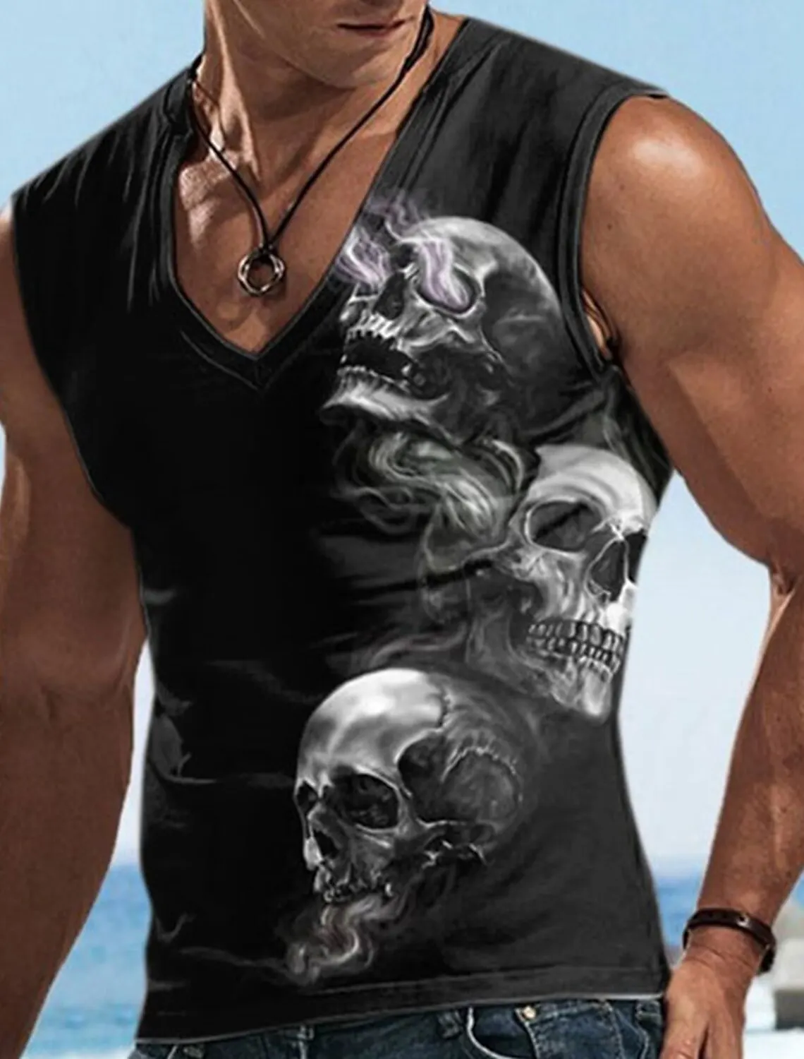 Skull Goth Mens 3D Shirt Black Men\'s T-Shirt Graphic Crew Collar Red Green 3D Printed Plus Size Casual Everyday Sleeveless Sport