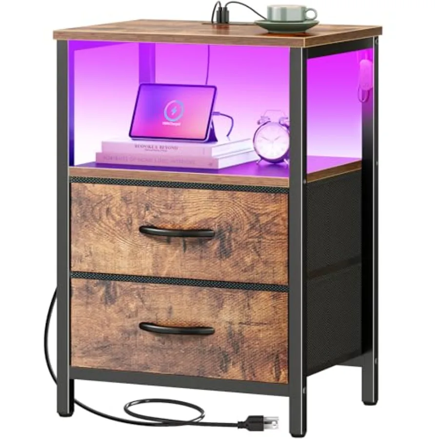 

Night Stand with Charger Station and LED Lights, 2 Drawer Nightstand, Bed Side Table with Open Shelf, End Table, Fabric Dresser