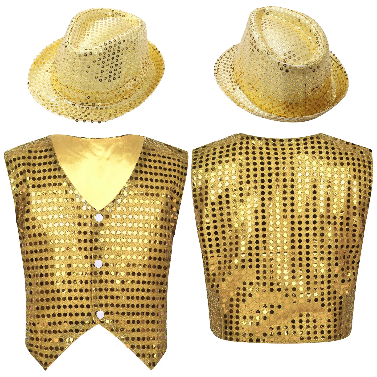 Kids Girls Boys Jazz Latin Cha-cha Sequin Vest Dancewear Glittery Sequined Waistcoat with Hat for Jazz Dance Stage Performance
