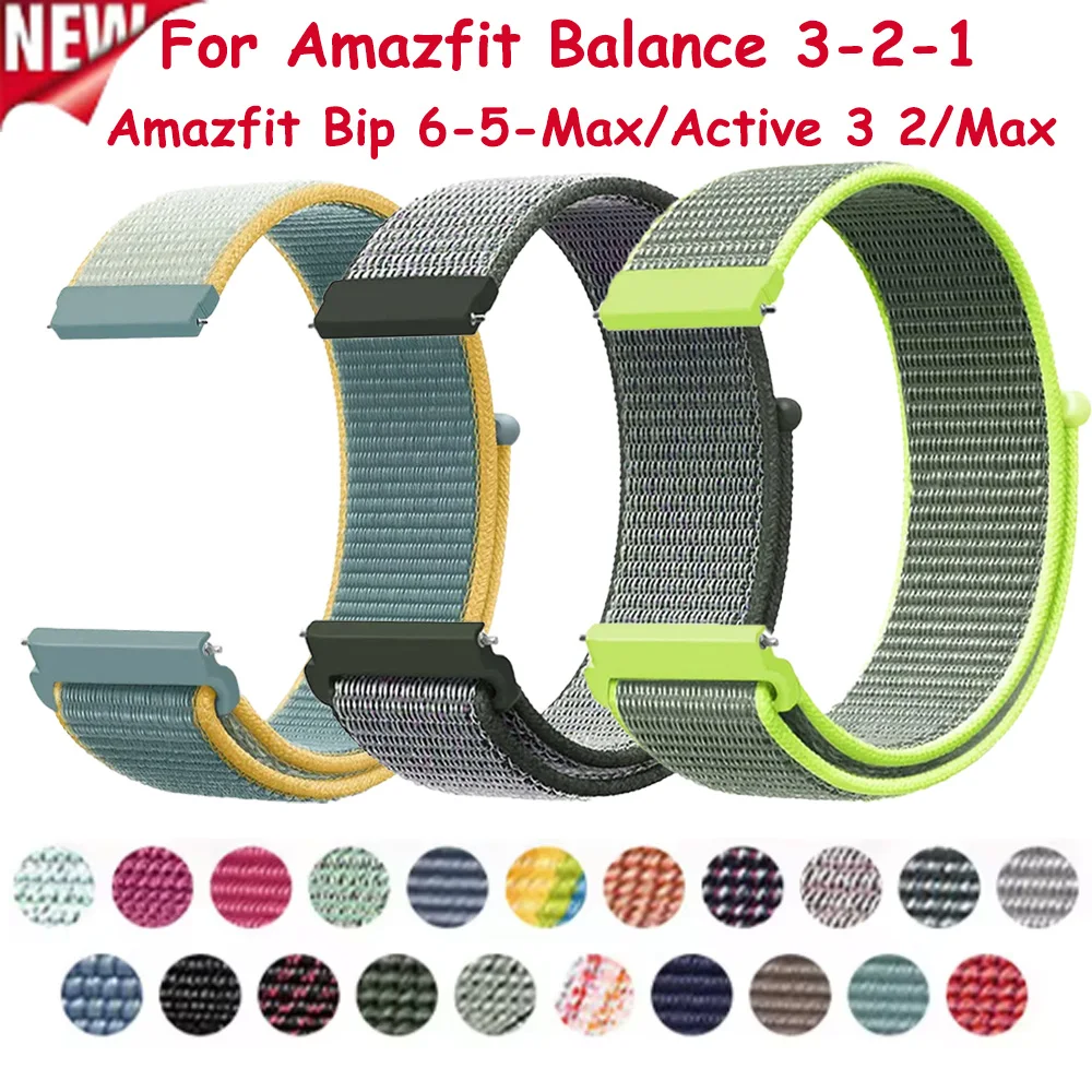 20mm 22mm sports Nylon Strap for Amazfit Balance 3-2-1 Comfortable Breathable Watchband for Amazfit Bip 6-5-Max/Active 3 2/Max