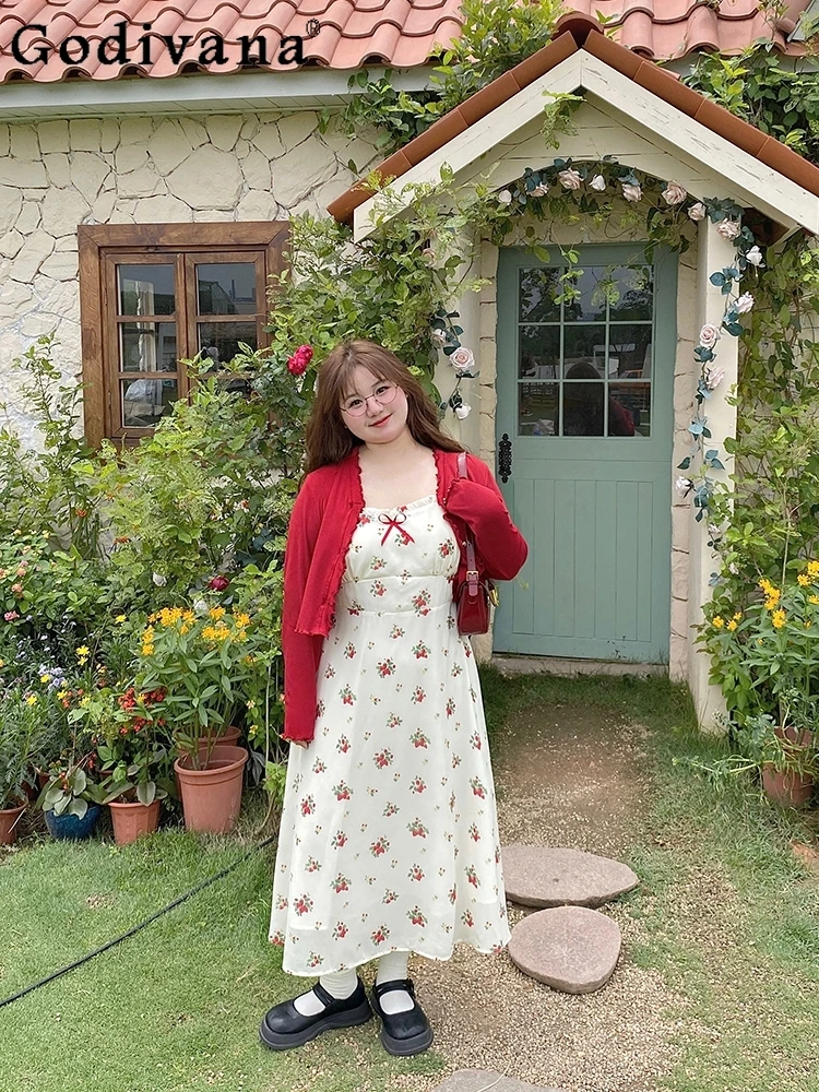 

Plus Size L-4XL Women Wildberry Printed French Floral Suspender Long Dress Cute Sweet Solid Color Long Sleeve Versatile Cardigan