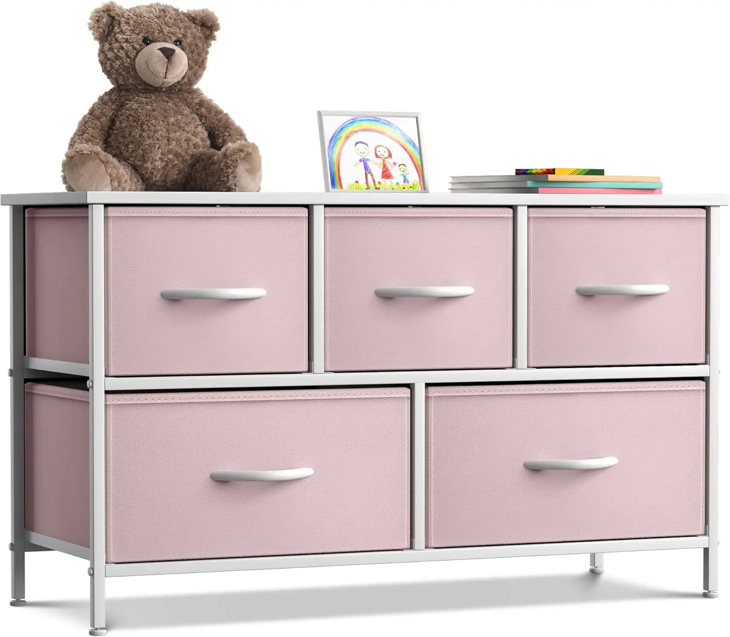 

Kids Dresser with 5 Drawers - Storage Chest Organizer Unit with Steel Frame, Wood Top, Easy Pull Fabric Bins - Long Wide