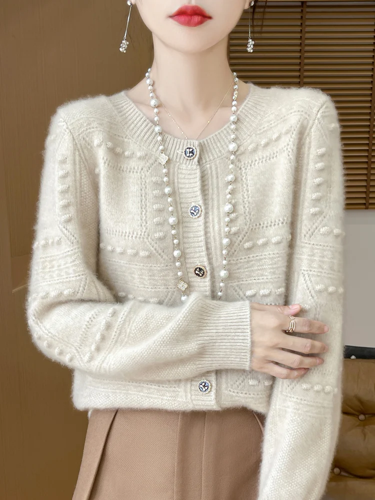 

Autumn Winter Warm Soft Cable Stitch Simple Comfortable Women's O-Neck Cardigan 100% Merino Wool Knitted Sweater Clothing Tops
