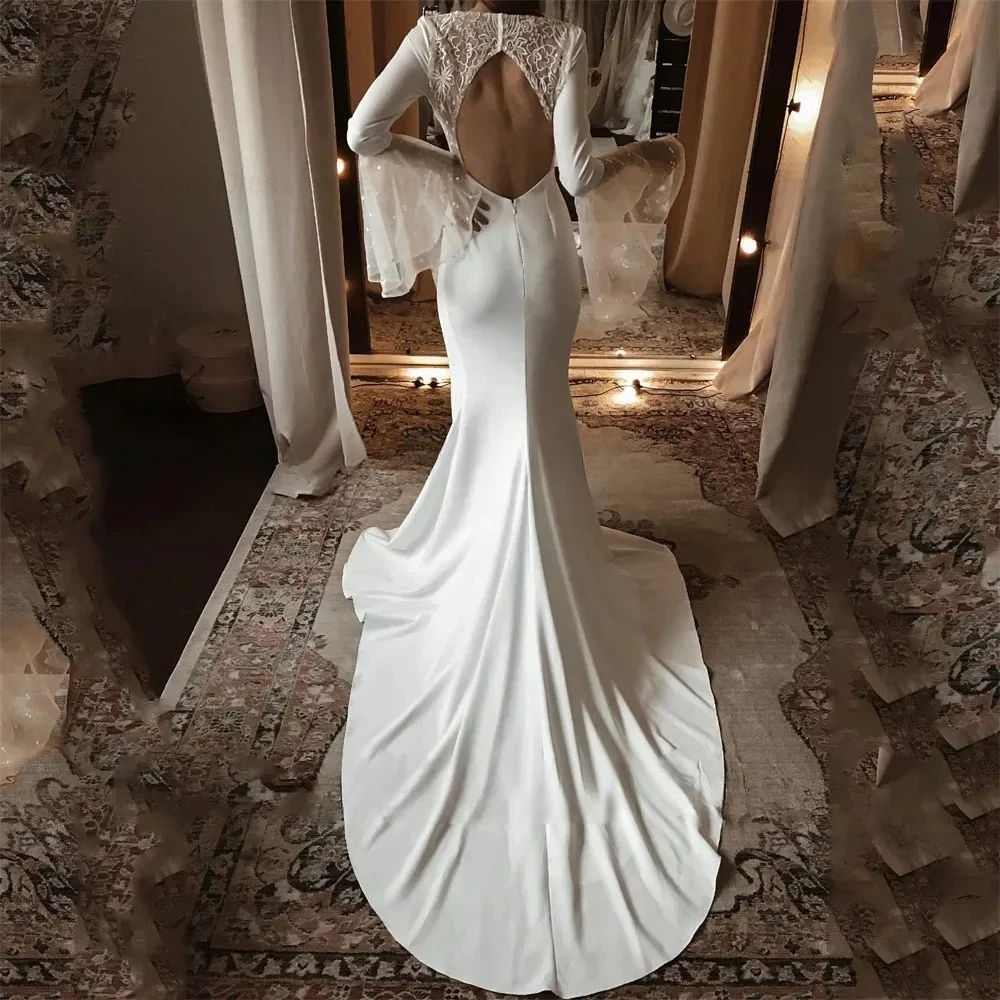 Customized Simple Silky Satin Mermaid Wedding Dress V Neck Sheer Full Long Sleeve Hollow Backless Slim Fit Elegant Sweep Train