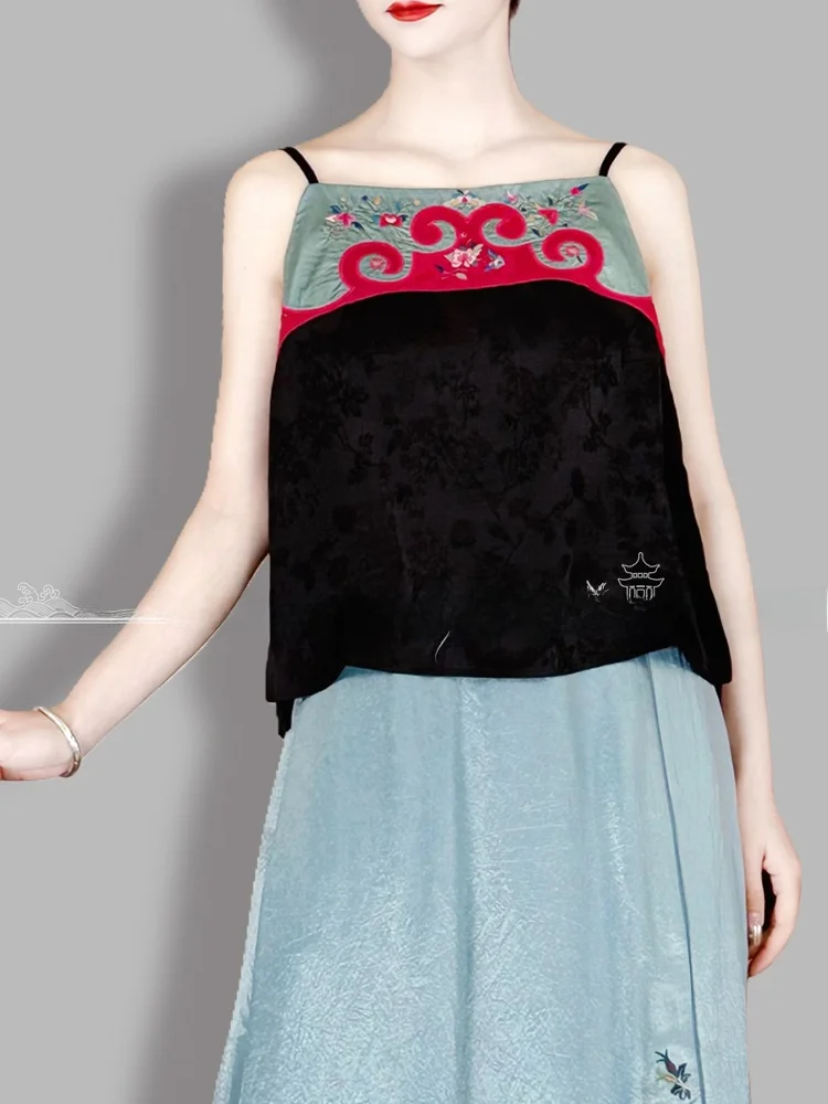 

Chinese Sle Embroidered Breathable round Ne Svel Vest Comfortable Underwear Outdoor Wear Women's Faion Summer Top