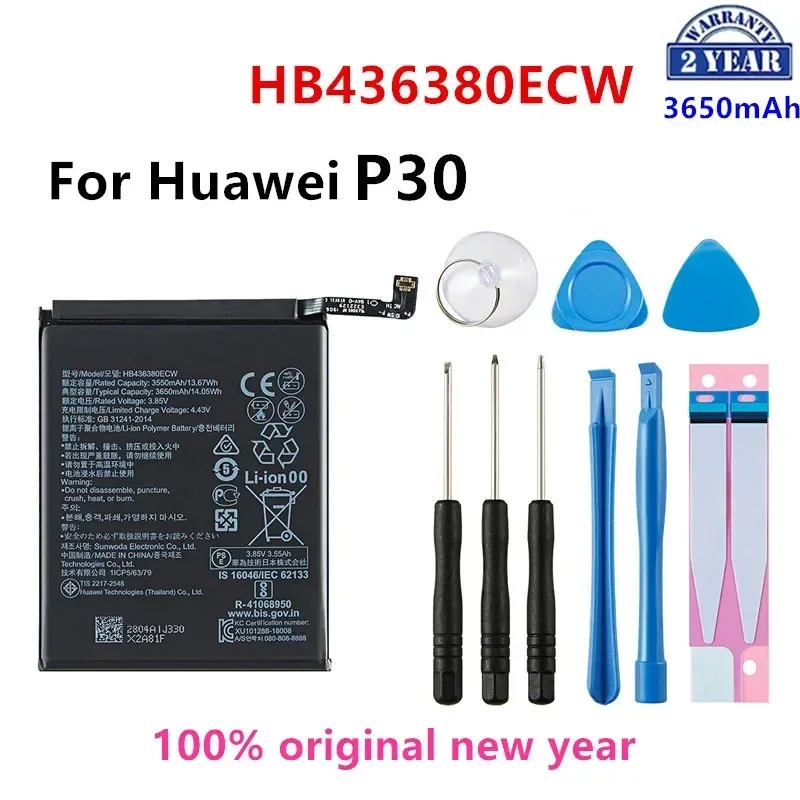 100% Orginal  HB436380ECW 3650mAh Battery For HUAWEI P30 ELE-L09  ELE-AL00 ELE-TL00 Mobile Phone +Tools