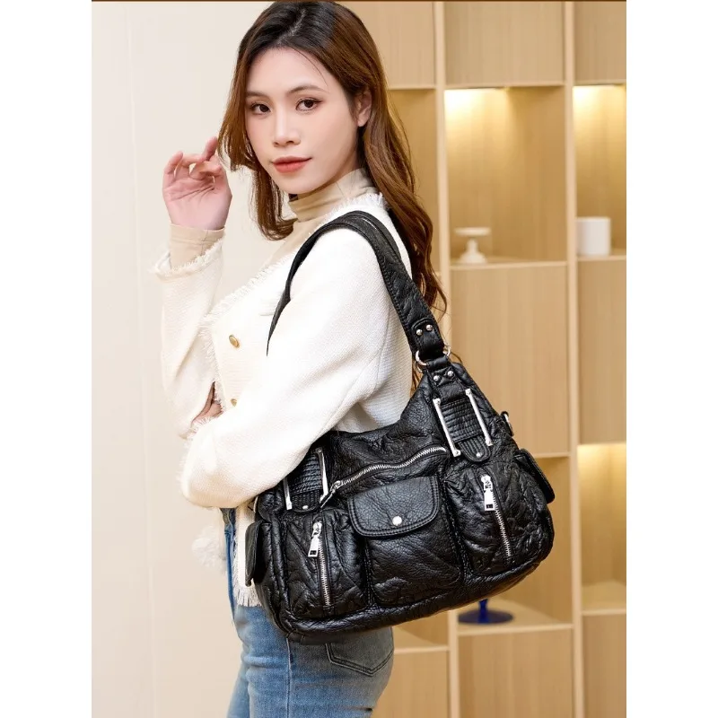 حقيبة نسائية عصرية Y2K Hot Girl للدراجات النارية بنمط ليتشي قديم متعددة الجيوب حقيبة كتف عبر الجسم