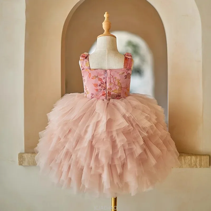 

Party Dress Vestido Children Pink Strapless Kids New Tulle Girls Birthday Dresses Celebration Outfit Tutu Gown Costume Matching