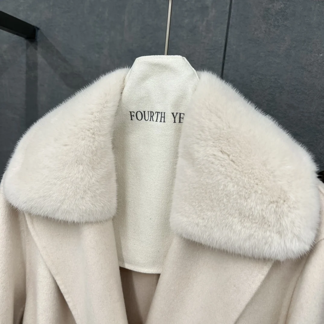 Langer Kaschmirmantel im minimalistischen Stil für Damen 2025, neuer eleganter und stimmungsvoller Taillen-Schlankheits-Nerzpelzkragen