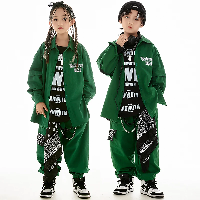 

Hip Hop Dance Costume Boys Green Coat Pants Girls Jazz Performance Clothes Teenager Street Dance Outfits Stage Wear Winter