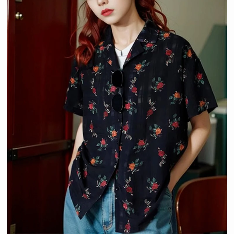 Vintage Printing Youth Shirt Tops Short Sleeve Polo Neck Loose High Street Blouse Women Clothing Fashion Casual Summer New Trend