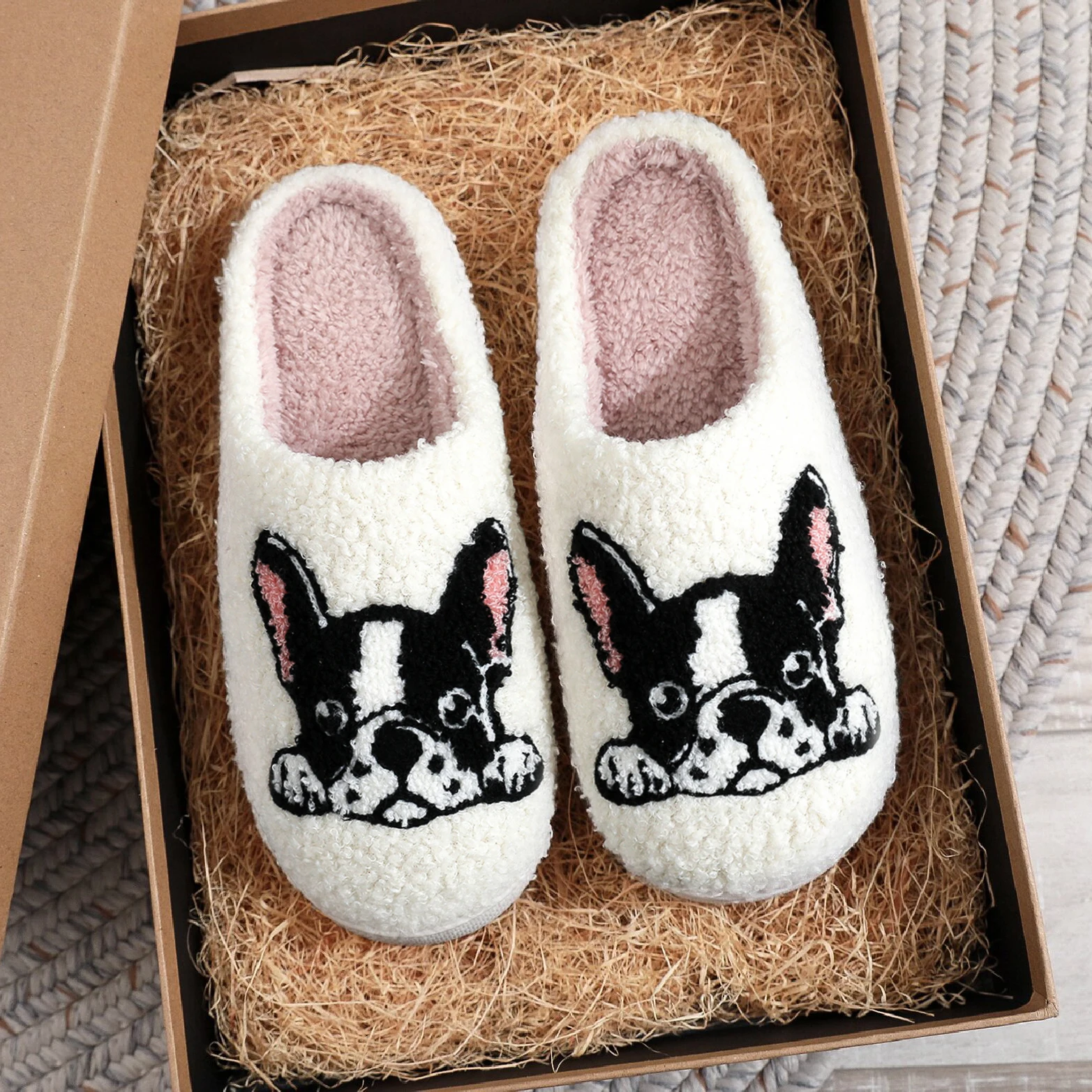 Pet Pattern French Bulldog Embroidery stuffed Home Platform Cozy Furry Cotton Slippers Cute Warm Non-slip Indoor Slippers Pet