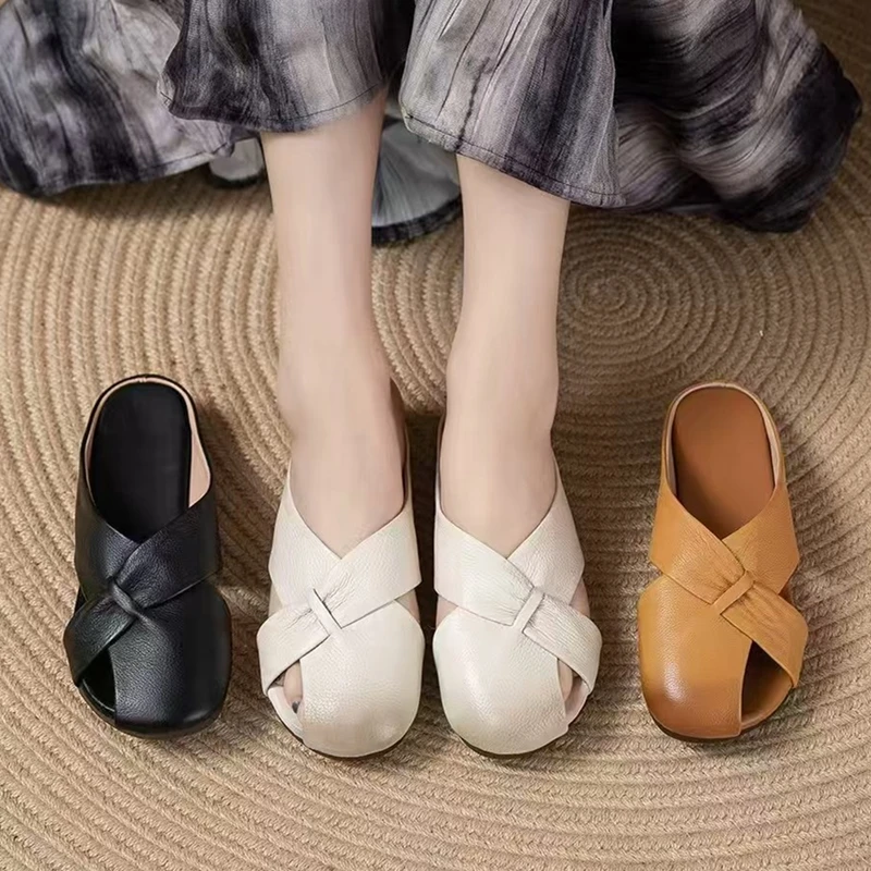 

AIYUQI Women's Slippers Genuine Leather 2026 New Women Flat Slippers Retro Slip-on Suitable Frail Shoes For Summer Beach