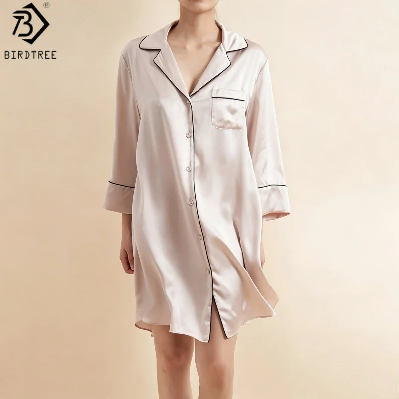 

Birdtree, 19MM 100% Real Silk Nightgown, Lapel Neck Shirt Dress, Women French Style Pajama Homewear Dresses, 2026 New D66504JF