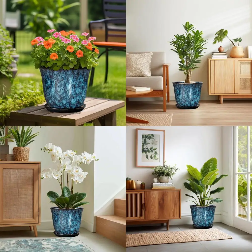 

12 Inch Round Plant Pots with Drainage, Outdoor/Indoor Modern Decorative Flower Planters, Blue