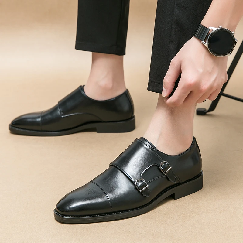 New Men Double Buckle Monk Shoes Brown Black Pu Leather Mengke Shoes Dress Shoes  Size 38-45