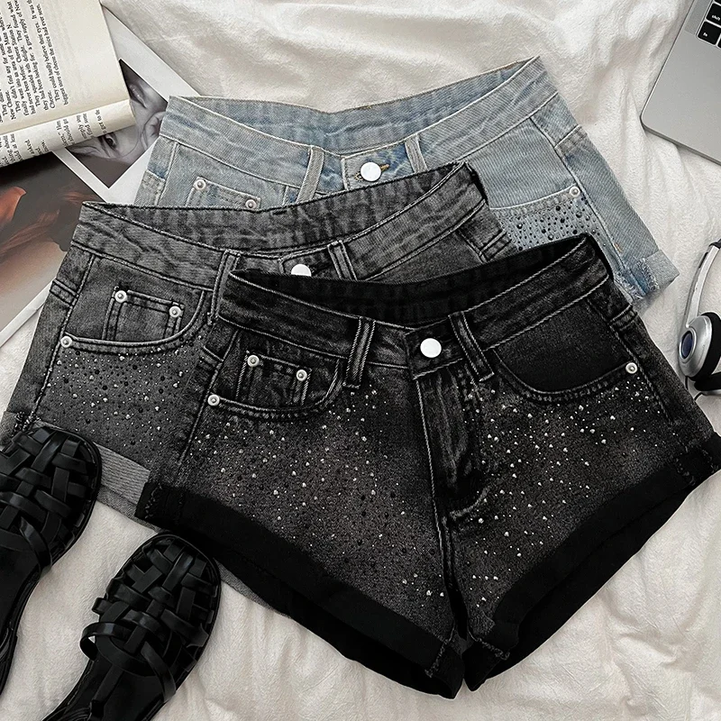 Women Summer Rhinestone Denim Hot Pants Fashion High Waist Wide Leg A Line Rolled Jeans Shorts Sexy Short Pants All Match