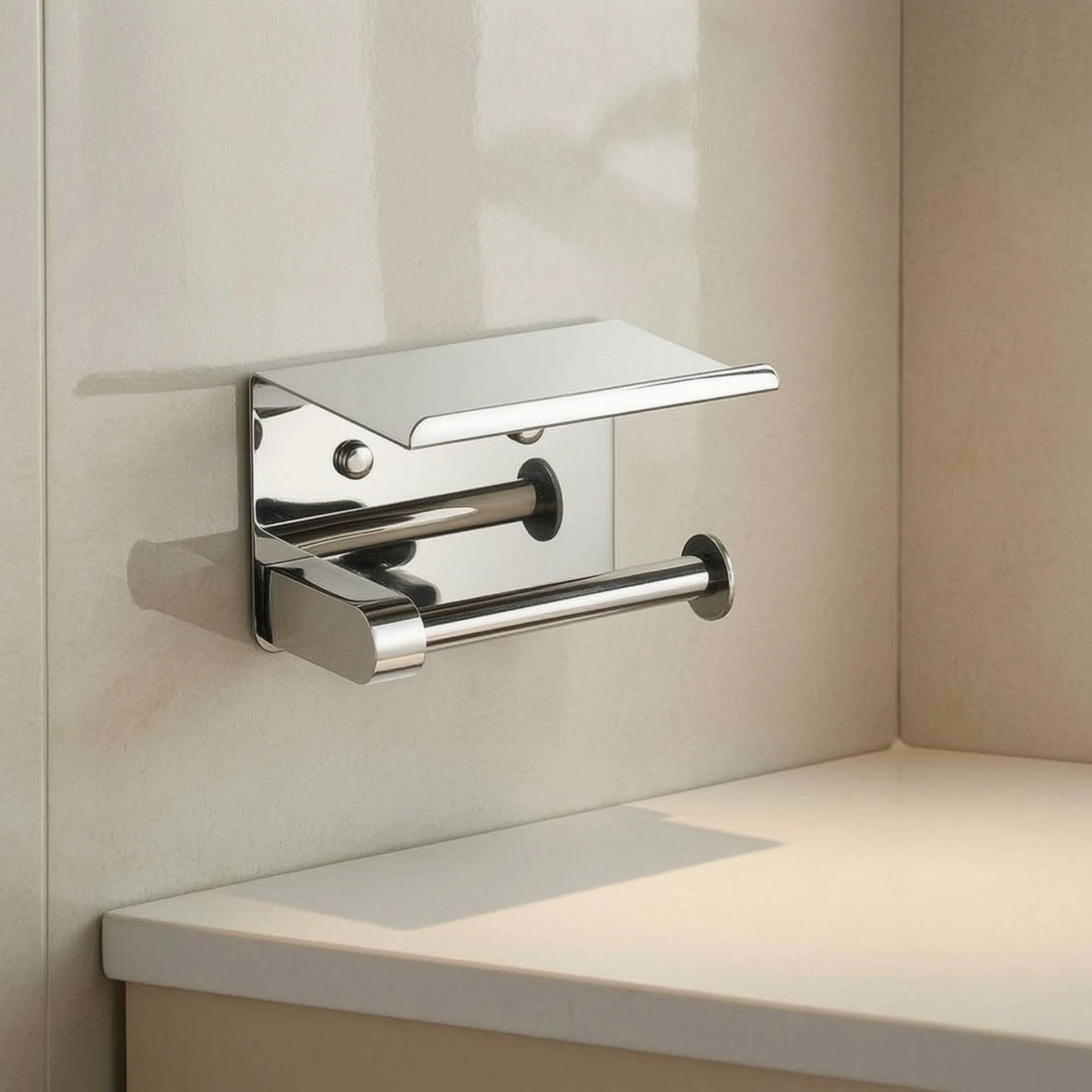 Bathroom Tissue Holder with Phone Shelf Compact Bathroom Tissue Holder with Shelf Hardware Sleek Simple for Bathroom, Restroom