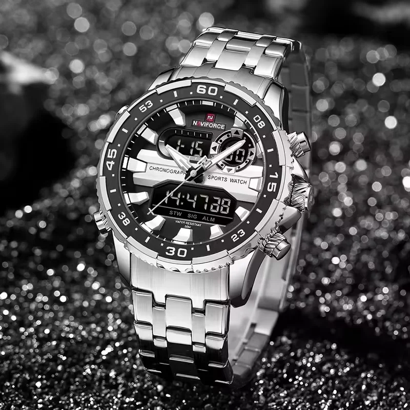 Reloj de cuarzo NAVIFORCE de marca Original para hombre, relojes de pulsera deportivos con correa de acero inoxidable, reloj analógico digital