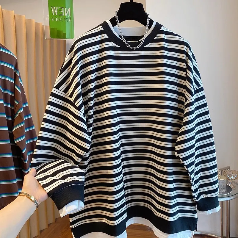 

Длинный свитшот в полоску в стиле ретро, круглый Ne, женская осенняя одежда, новинка 2025, свободный дизайн, повседневный топ большого размера