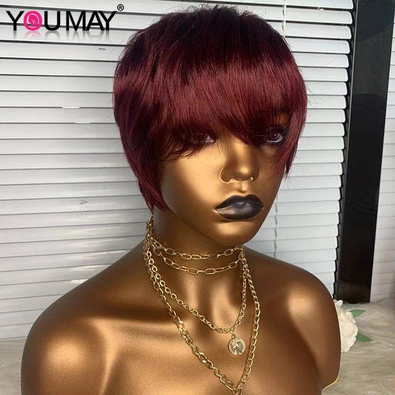 Short Bob Hair With Bangs Human Hair Wigs Boy Haircut Style For Black Women Brazilian Remy Human Wig With Side Fringe Color Wig