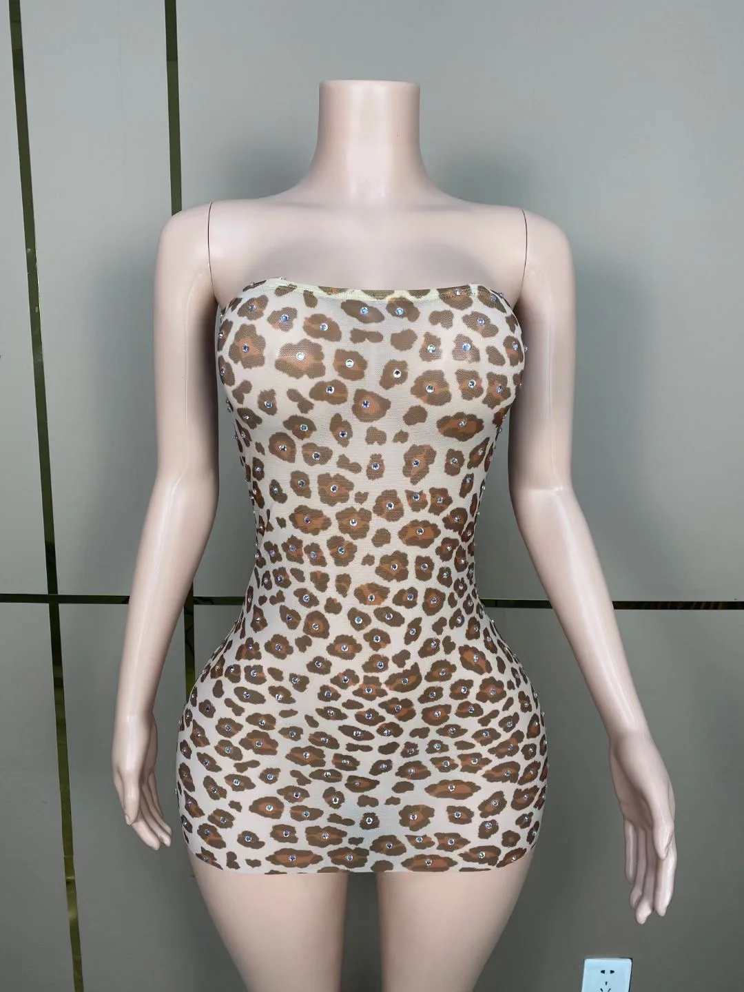 Women Sexy Leopard Print Bra Mini Dress Stretch Mesh Club Nightclub Party Dress Female Singer Stage Performance Costume