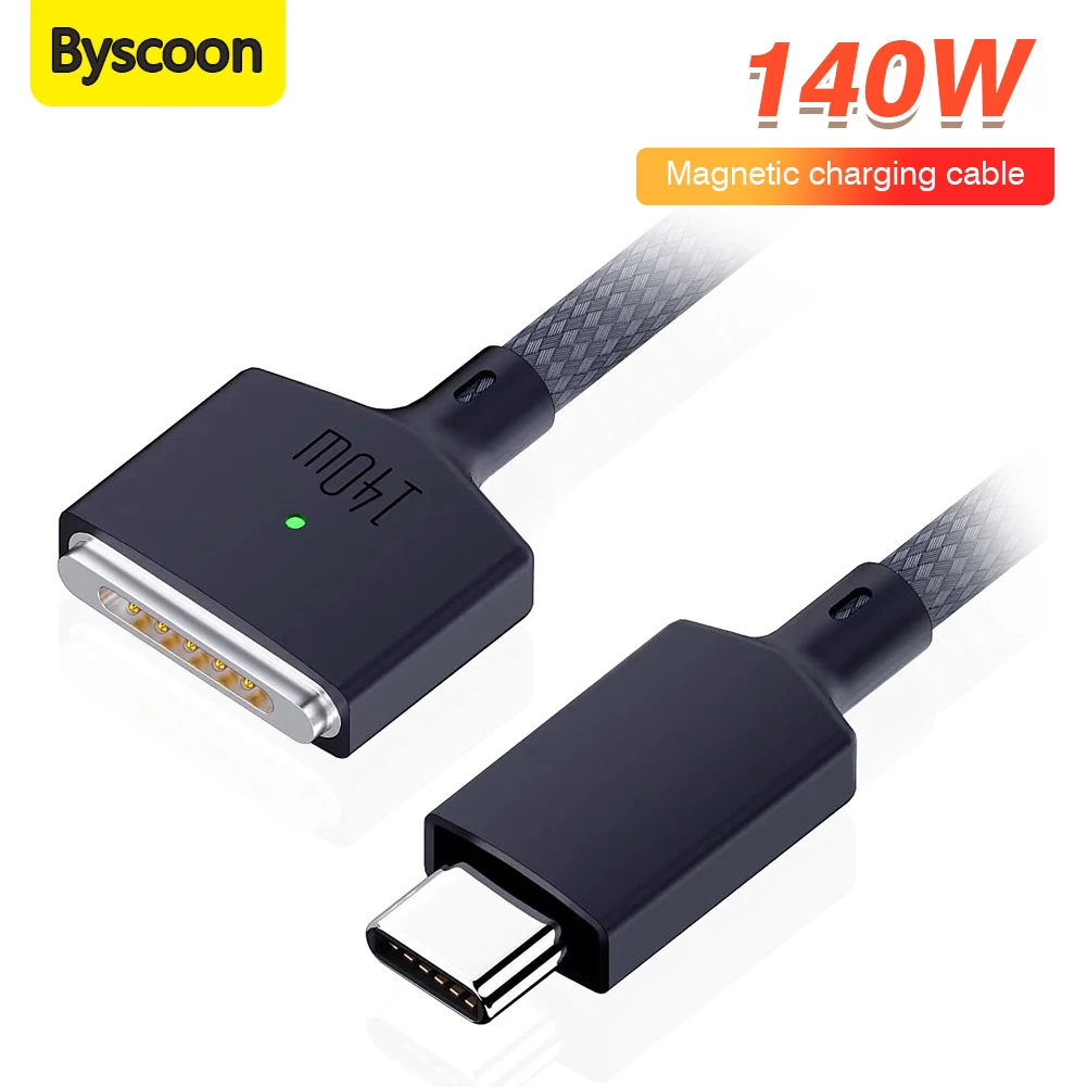 Byscoon 140W PD Cable For Magsafe 3 Magnetic Cable For Macbook Pro Air 13 14 16 M1 M2 LED Indicators Fast Charger Cord Adapter