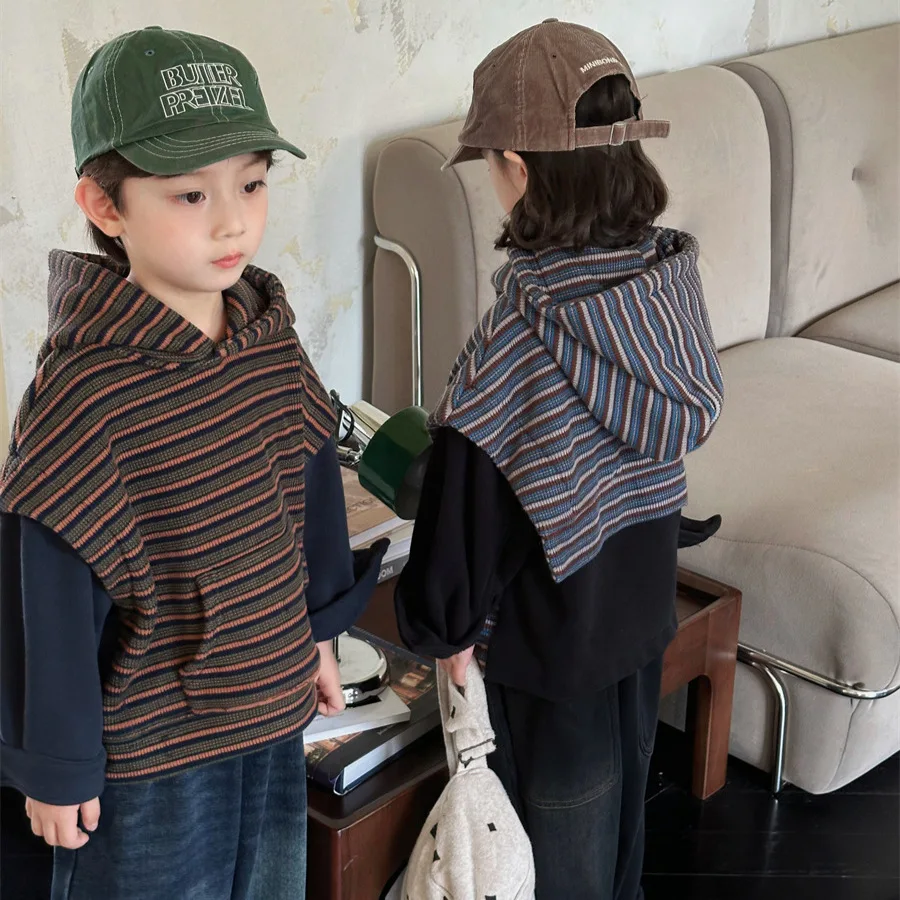 2024 Children's Winter Striped Fake Two-piece Fleece Sweater Men's and Women's Treasure Thickened Foreign Style Hooded Top