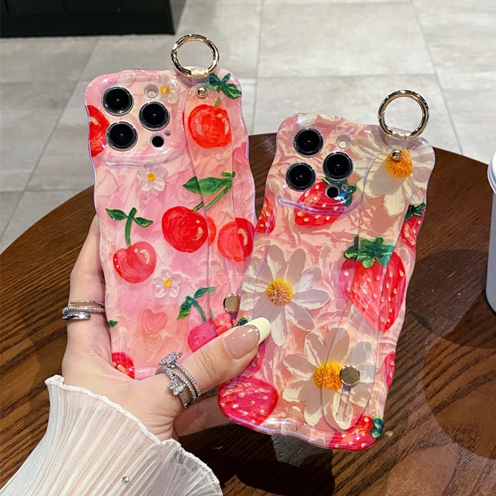 Laser Flowers Wavy Wrist Strap Holder Phone Case For iPhone 11 12 13 14 15 Pro Max Gradient Oil Painting Curly Bumper Soft Cover