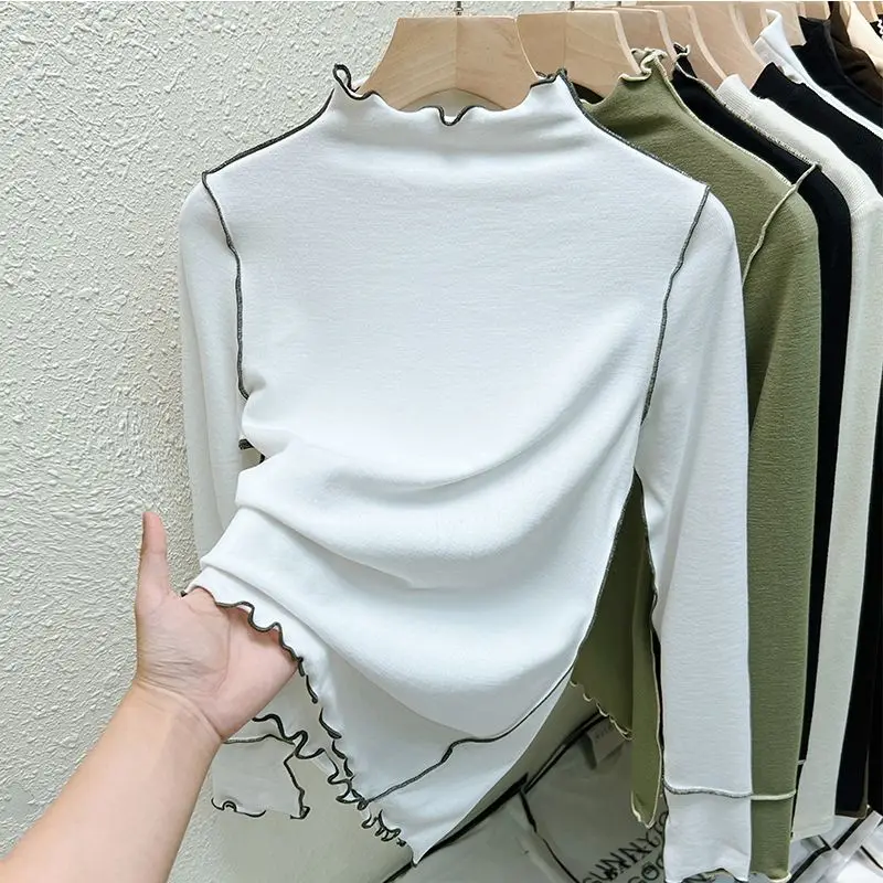 2023 New Autumn Korean Fashion Vintage Office Lady Casual Aesthetic Elegant Grace T-shirt Solid Color Turtlenecks Top Women