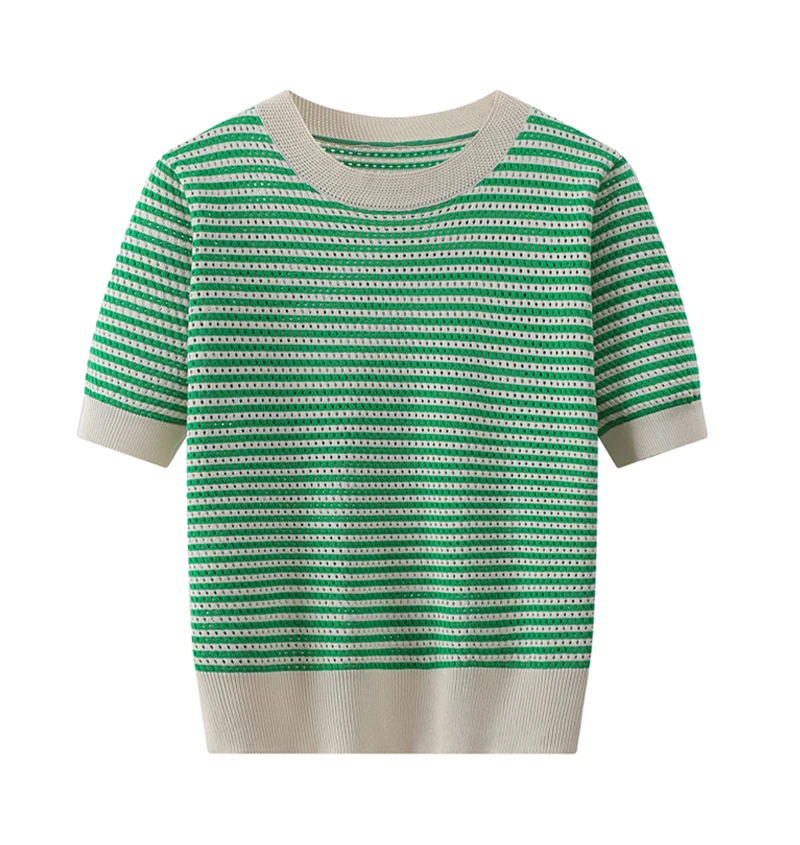 T Shirt For Women Knitted Hollow Out Thin Striped Tshirt Summer Tops Casual Round Neck Tee Shirt Femme T Shirts Womens Clothing