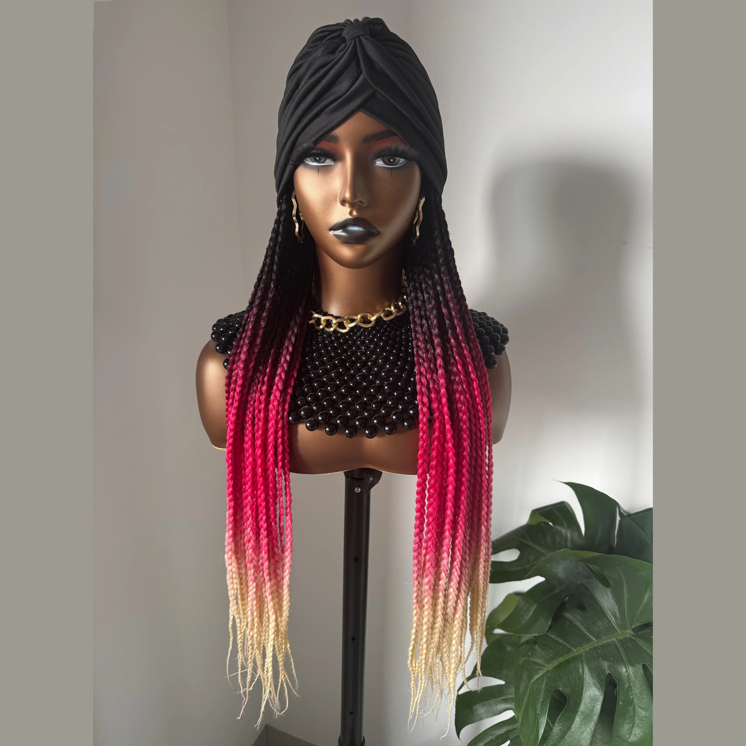 Peruca sintética trançada longa com headband, ombre, preto, rosa, vermelho, bege, loiro mel, trançando, extensões de cabelo para mulheres, 24"