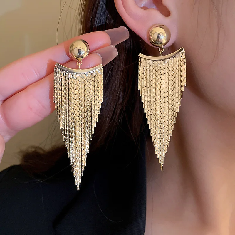 Bohemian 925 Silver Needle Tassel Earrings with Distinctive Design and Long Length Chic Metal Copper Tassel Earrings