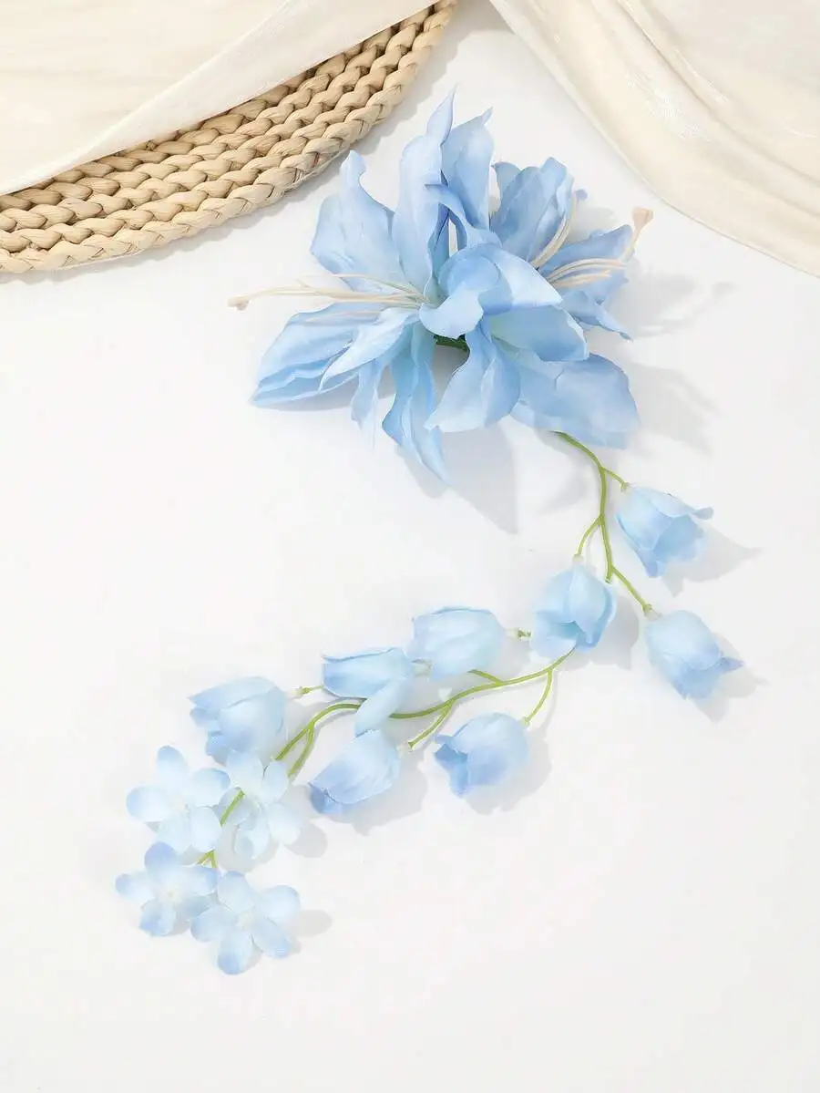 

Delicate Light Blue Artificial Lily Of The Valley Hair Clip With Cascading Bells, Boho Beachwear Accessory For Women