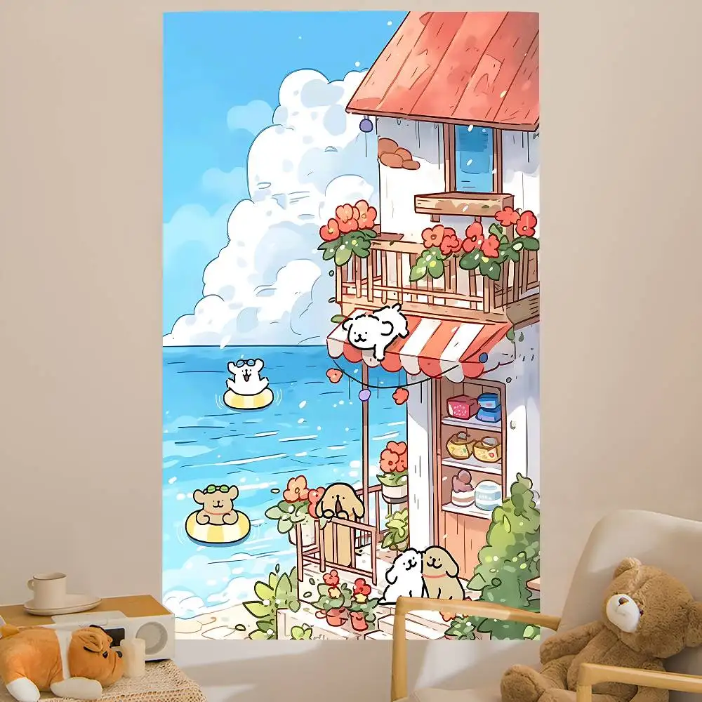 Cute Cartoon Line Dog Hanging Bohemian Tapestry Bohemian Wall Tapestries Mandala Kawaii Room Decor