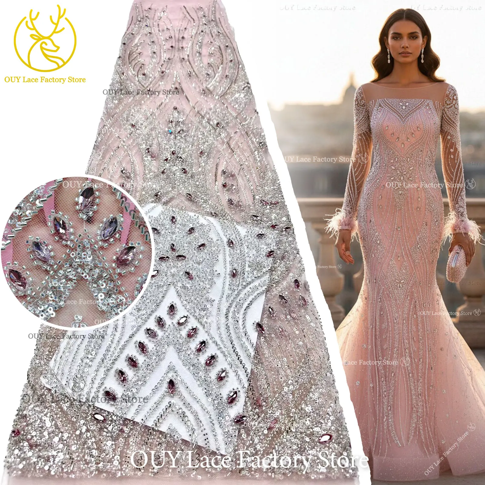 

5 Yards Pink Fashion Nigerian Beaded Stone Tulle Lace Fabric African Sequins Mesh Lace Fabric For Sewing Bridal Wedding Dress