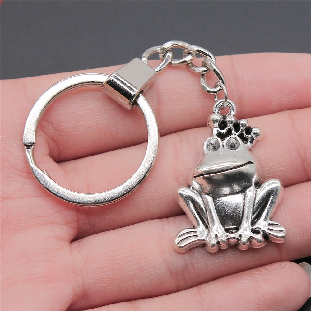 Fashion Antique Silver Color 34x25mm Frog Prince Frog Charms Pendants DIY Men Car Key Chain Ring Holder Keyring Gift