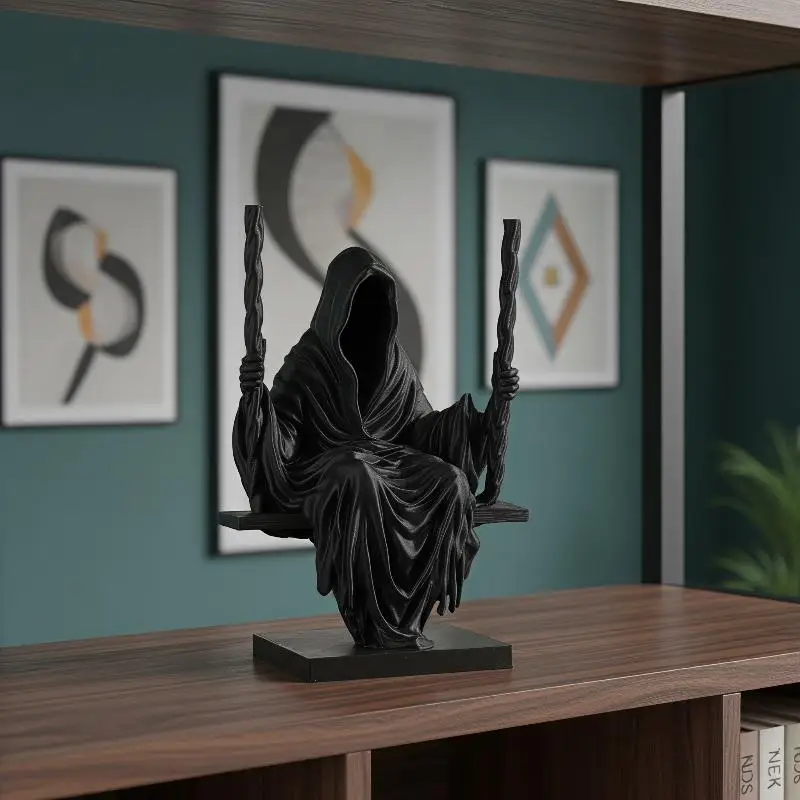 Swing Grim Reaper Statue Resin Black Hooded Miniature Figurine Halloween Home Desktop Ornaments Gothic Decor