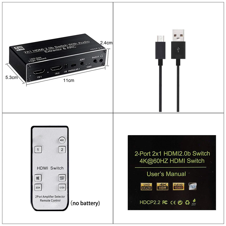 HDMI Switch With Audio extractor 4K 60Hz HDMI Audio Splitter 2 in 1 out HDMI to Coaxial+toslink Spdif +L/R Stereo Audio+HDMI ARC