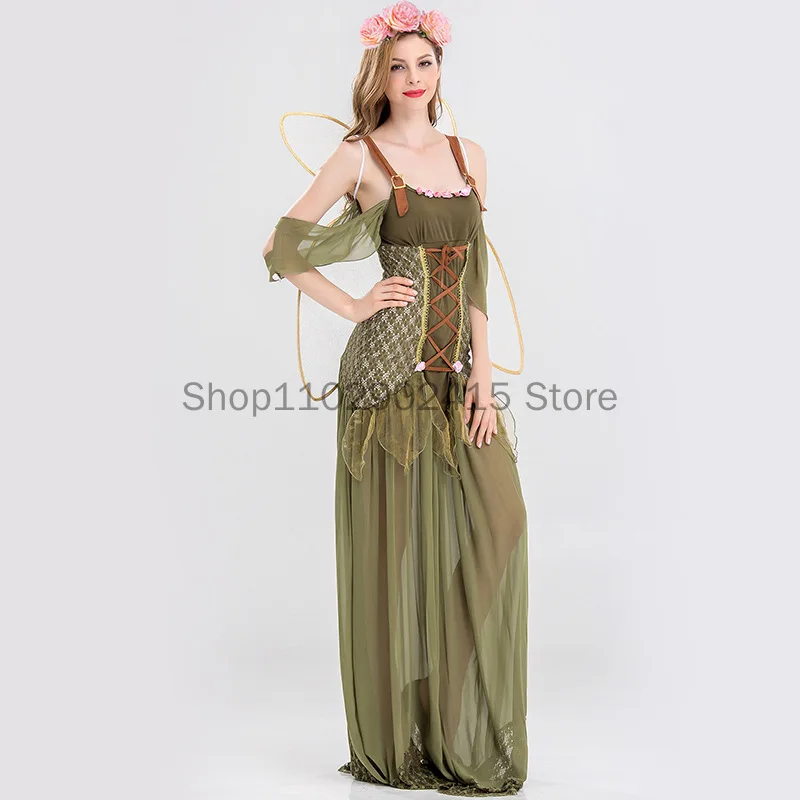 Halloween Adult Women Angel Elf Flower Fairy Cosplay Costume Hen Party Fairy Tale Green Forest Cosplay Fantasia Fancy Dress