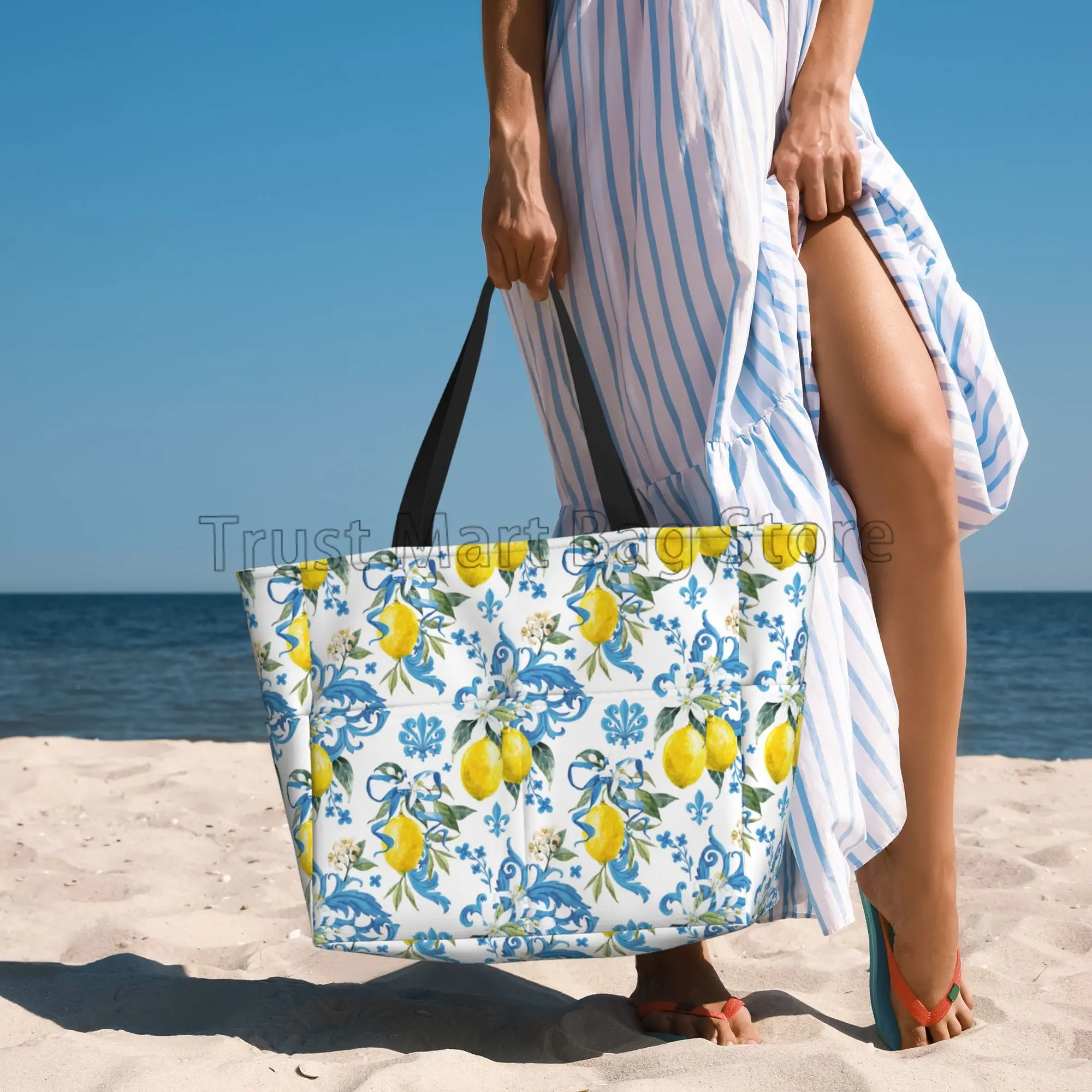 Borse da spiaggia impermeabili al limone tropicale estivo per le donne borsa Tote con cerniera Utility borse da piscina leggere a prova di sabbia borse grandi