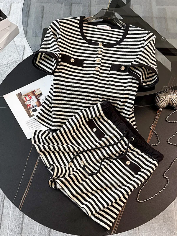 

Casual Stripe Sportswear Set Women's Short Sleeve T-Shirt Shorts Two-Piece Suit Summer Fashion Anti-Aging Cotton round Neck